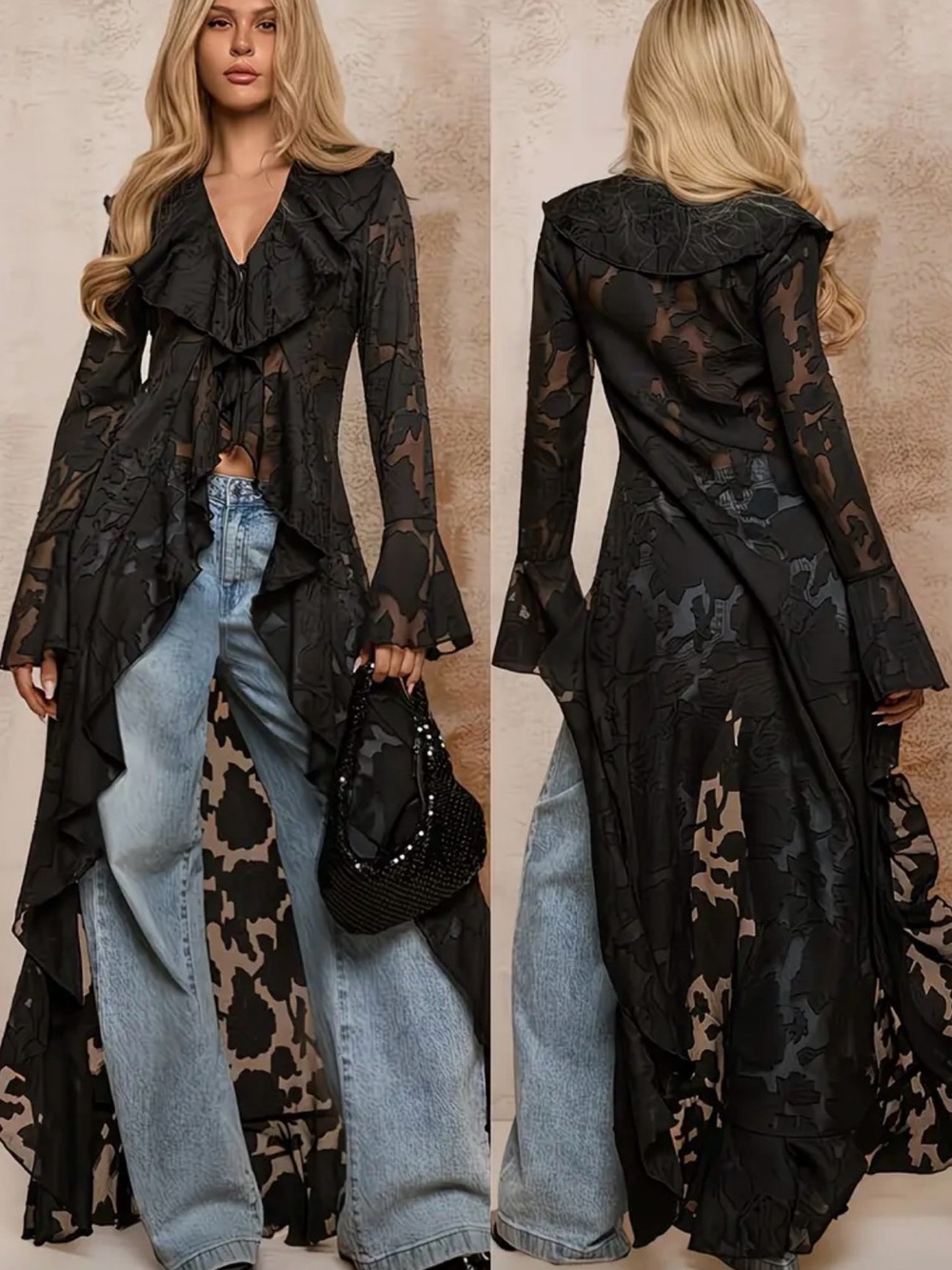 Black XL Lace Long Sheer Duster
